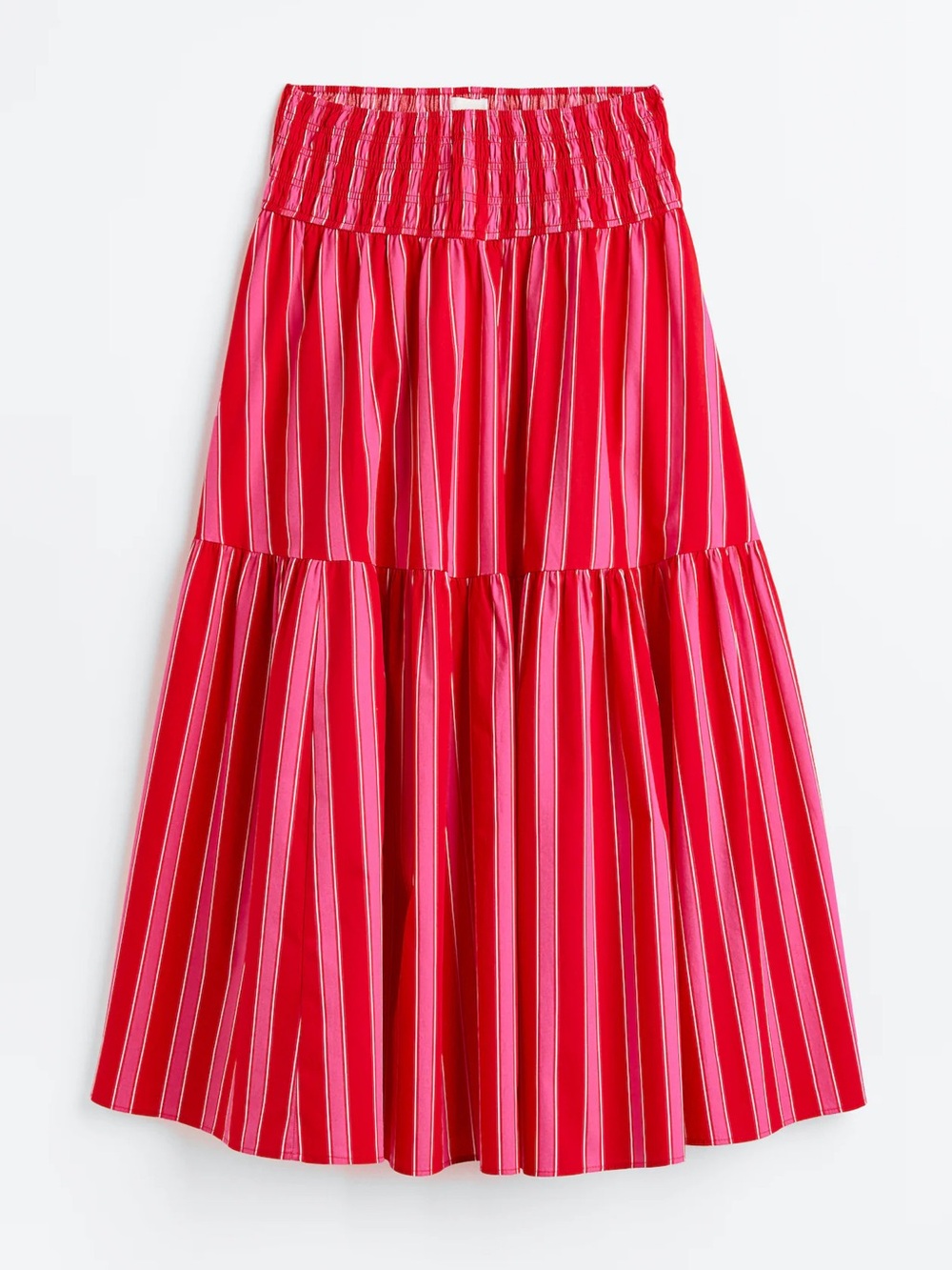 H&M A-line Tiered 100% Cotton Statement Midi Skirt Med Red Pink Vertical Stripe